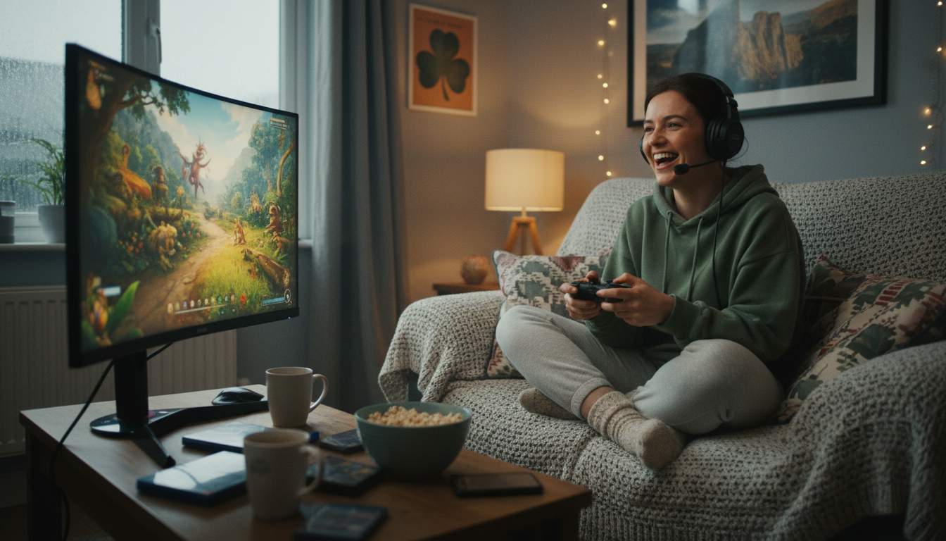 A welcoming image of a woman enjoying online gaming in Ireland