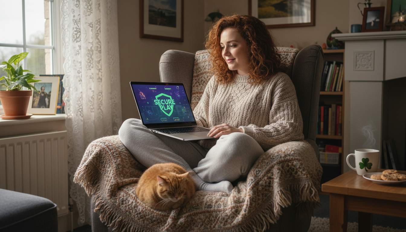 A woman using a laptop in a cozy Irish setting.